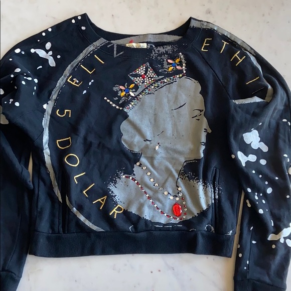 gefilte fish Tops - Queen Elizabeth English Pound Bejeweled Sweatshirt